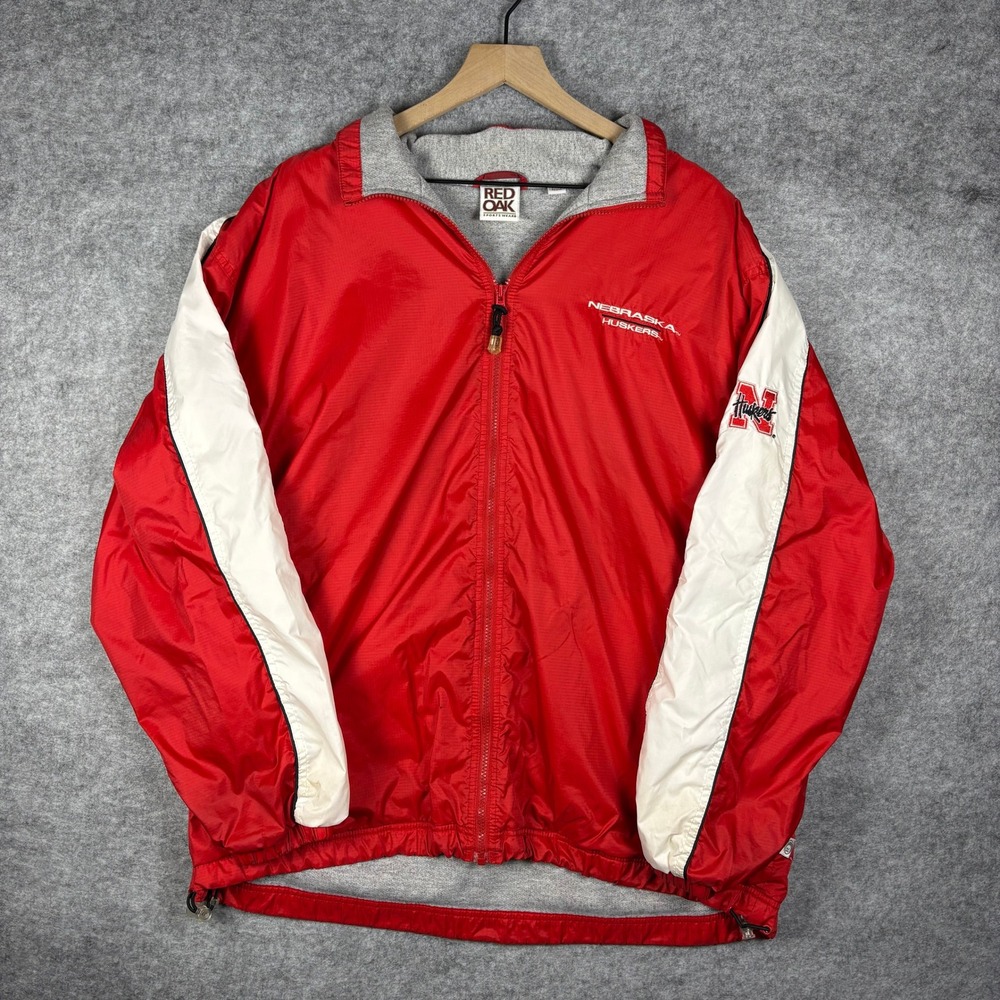Vintage Red Oak Nebraska Huskers Windbreaker Jacket Red XL Fleece Lined Zip‎ Up